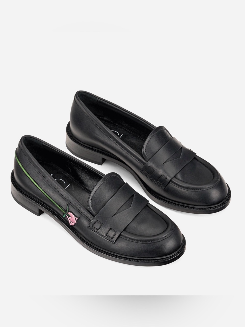 Agl Black Leather Penny Loafers with Pink Tulip Embroidery
